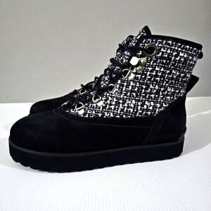 Larroude Vail Ankle Boot Womens 8.5 Black White Tweed Leather Cozy Winter NEW